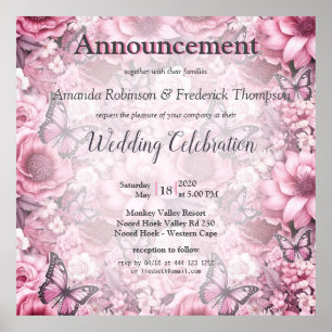 Vlinders en bloemen in verschillende tinten roze poster