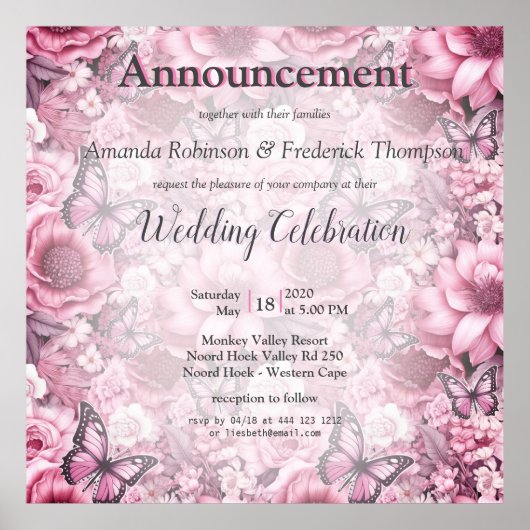 Vlinders en bloemen in verschillende tinten roze poster (Voorkant)