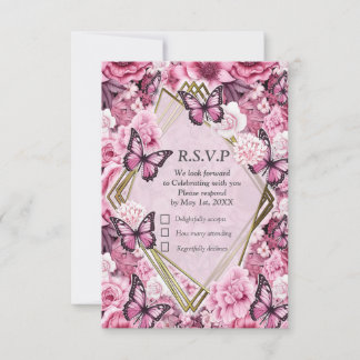 Vlinders en bloemen in verschillende tinten roze RSVP kaartje