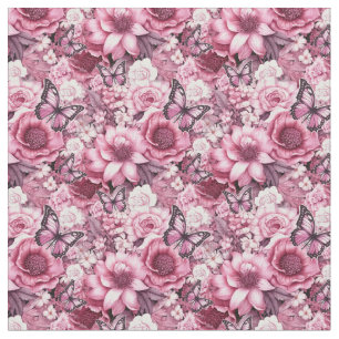 Vlinders en bloemen in verschillende tinten roze stof