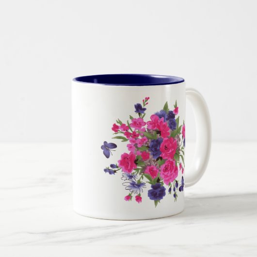 Vlinders en bloemen Moederdag Gift Tweekleurige Koffiemok (Voorkant rechts)