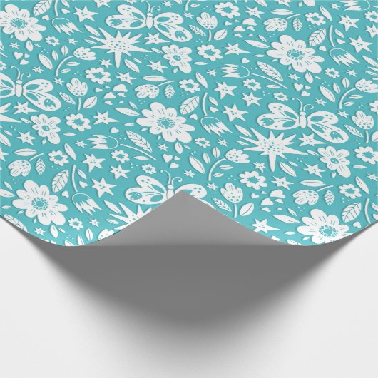 Vlinders en bloemen op Aqua Cadeaupapier (Hoek)