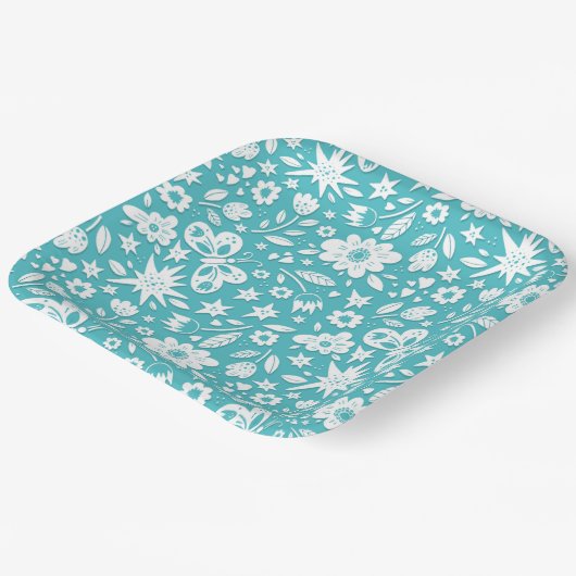 Vlinders en bloemen op Aqua Papieren Bordje (Gebogen)