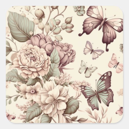 Vlinders en bloemen pastel decoratie vierkante sticker (Voorkant)