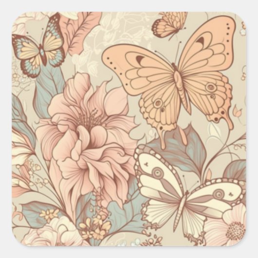 Vlinders en bloemen pastel vierkante sticker (Voorkant)