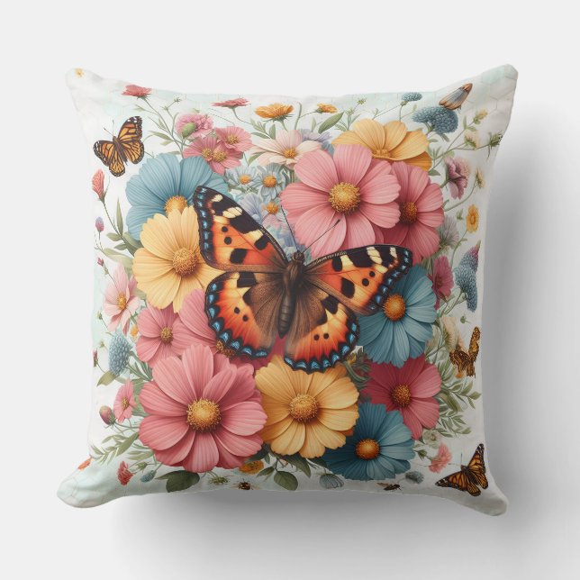 Vlinders en bloemen patroon kussen (Voorkant)