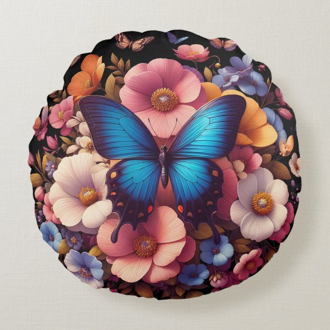 Vlinders en bloemen patroon rond kussen (Voorkant)