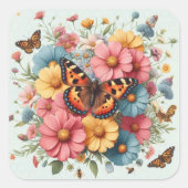 Vlinders en bloemen patroon vierkante sticker (Voorkant)