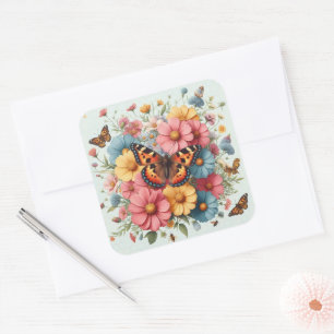 Vlinders en bloemen patroon vierkante sticker