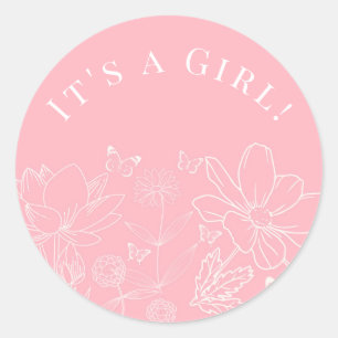 Vlinders en Bloemen Roze Wit Meisje Baby shower Ronde Sticker