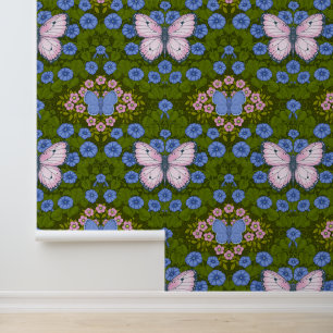 Vlinders en bloemen symmetrie, blauw en roze behang