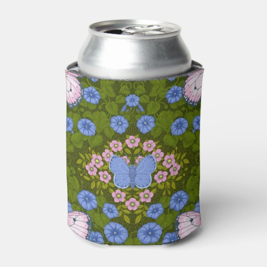 Vlinders en bloemen symmetrie, blauw en roze blikjeskoeler (Blikje Voorkant)