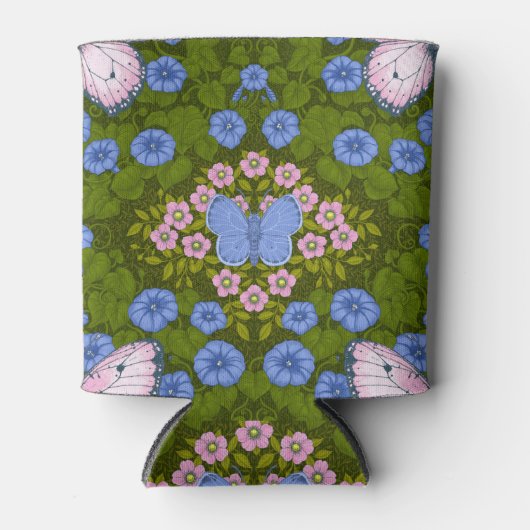Vlinders en bloemen symmetrie, blauw en roze blikjeskoeler (Voorkant)