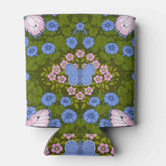 Vlinders en bloemen symmetrie, blauw en roze blikjeskoeler (Achterkant)