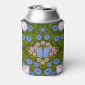 Vlinders en bloemen symmetrie, blauw en roze blikjeskoeler (Blikje Achterkant)