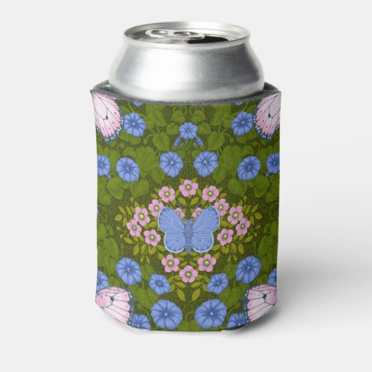 Vlinders en bloemen symmetrie, blauw en roze blikjeskoeler (Blikje Achterkant)
