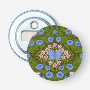 Vlinders en bloemen symmetrie, blauw en roze button flesopener