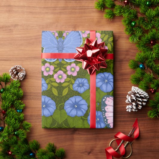 Vlinders en bloemen symmetrie, blauw en roze cadeaupapier (Feestdagen Geschenken)