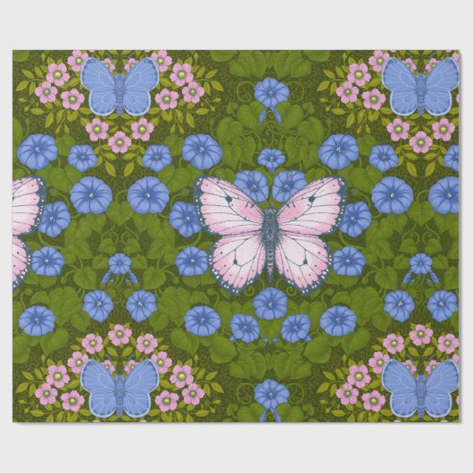Vlinders en bloemen symmetrie, blauw en roze cadeaupapier (Vlak)