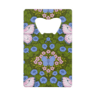 Vlinders en bloemen symmetrie, blauw en roze creditkaart flessenopener