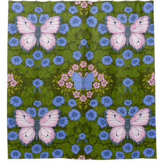 Vlinders en bloemen symmetrie, blauw en roze douchegordijn (Voorkant)