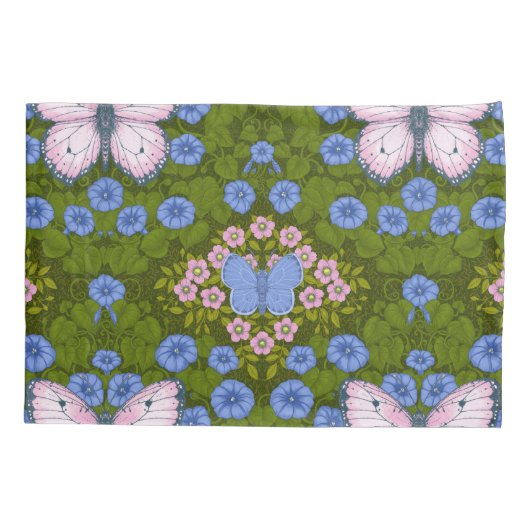 Vlinders en bloemen symmetrie, blauw en roze kussensloop (Achterkant-Links)
