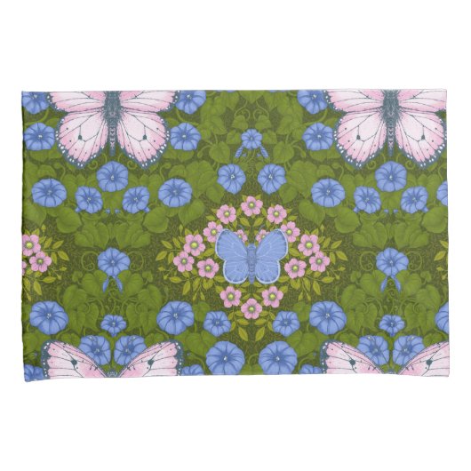 Vlinders en bloemen symmetrie, blauw en roze kussensloop (Voorkant-Rechts)