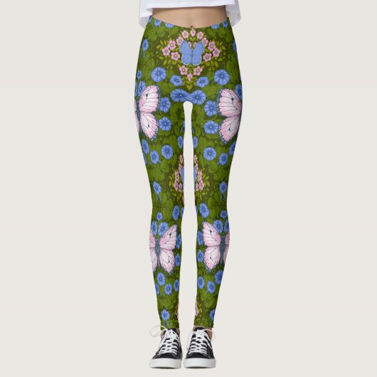 Vlinders en bloemen symmetrie, blauw en roze leggings (Voorkant)