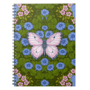 Vlinders en bloemen symmetrie, blauw en roze notitieboek