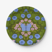 Vlinders en bloemen symmetrie, blauw en roze papieren bordje (Voorkant)