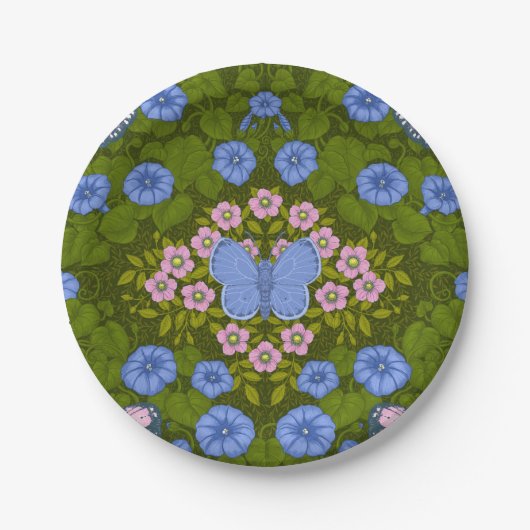 Vlinders en bloemen symmetrie, blauw en roze papieren bordje (Voorkant)