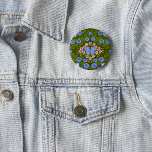 Vlinders en bloemen symmetrie, blauw en roze ronde button 5,7 cm (In situ)