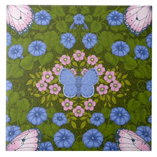 Vlinders en bloemen symmetrie, blauw en roze tegeltje (Voorkant)