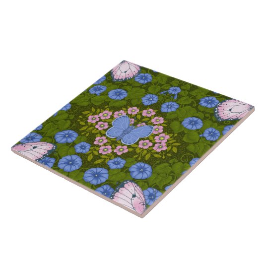 Vlinders en bloemen symmetrie, blauw en roze tegeltje (Zijkant)