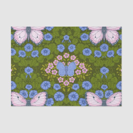 Vlinders en bloemen symmetrie, blauw en roze tissuepapier (Voorkant)