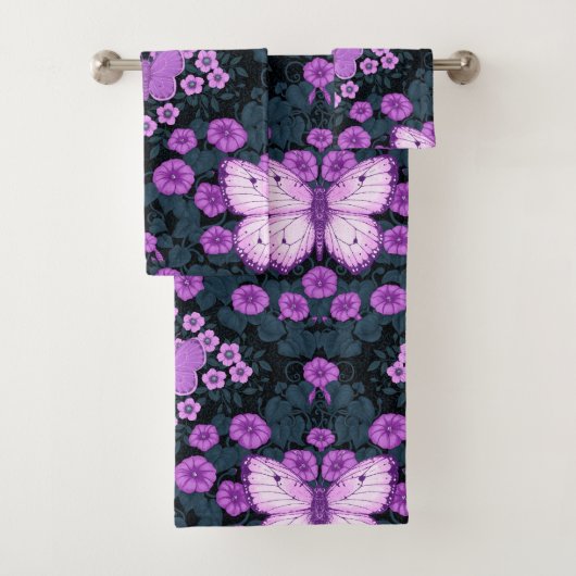 Vlinders en bloemen symmetrie, violet en blauw bad handdoek (Insitu)