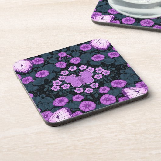 Vlinders en bloemen symmetrie, violet en blauw bier onderzetter (Linkerzijde)