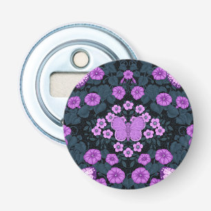 Vlinders en bloemen symmetrie, violet en blauw button flesopener