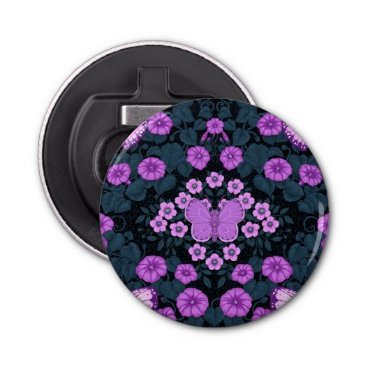 Vlinders en bloemen symmetrie, violet en blauw button flesopener (Voorkant)