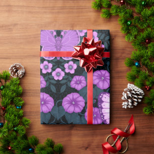 Vlinders en bloemen symmetrie, violet en blauw cadeaupapier