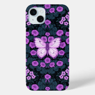 Vlinders en bloemen symmetrie, violet en blauw iPhone 15 mini hoesje