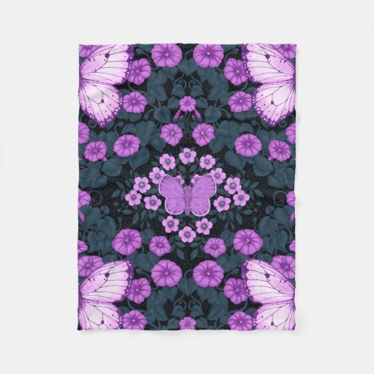 Vlinders en bloemen symmetrie, violet en blauw fleece deken (Voorkant)