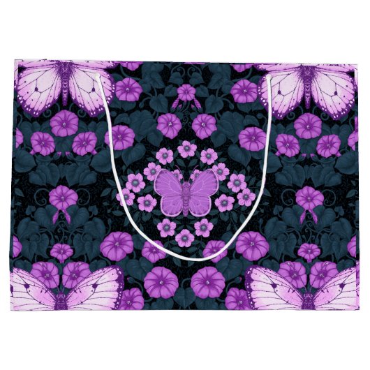 Vlinders en bloemen symmetrie, violet en blauw groot cadeauzakje (Achterkant)