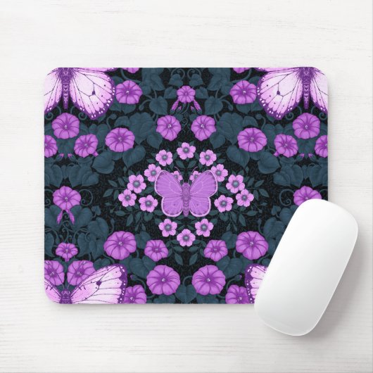 Vlinders en bloemen symmetrie, violet en blauw muismat (Met muis)