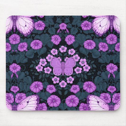 Vlinders en bloemen symmetrie, violet en blauw muismat (Voorkant)