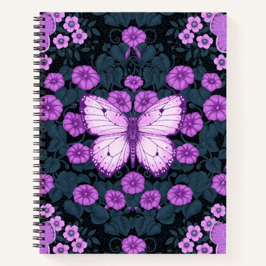 Vlinders en bloemen symmetrie, violet en blauw notitieboek (Voorkant)