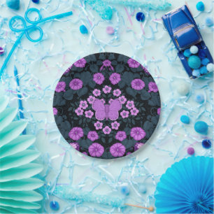 Vlinders en bloemen symmetrie, violet en blauw papieren bordje