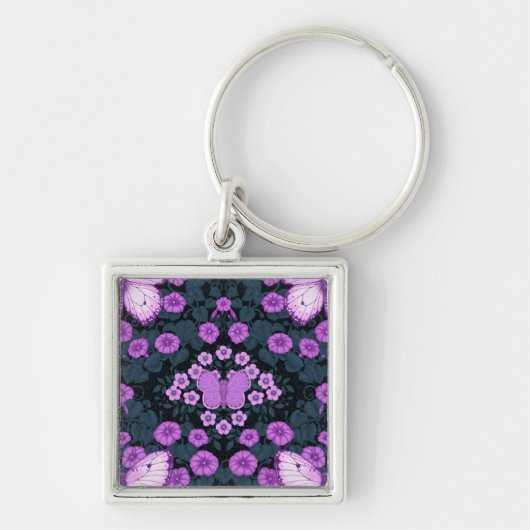 Vlinders en bloemen symmetrie, violet en blauw sleutelhanger (Voorkant)