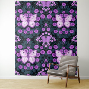 Vlinders en bloemen symmetrie, violet en blauw wandkleed