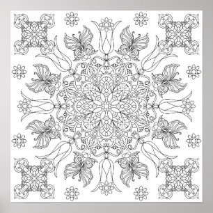 Vlinders en bloesems Mandala volwassen kleuren Poster